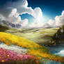 To waterfall and flower meadows magic clouds