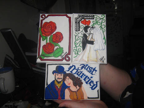 three wedding themed paintings