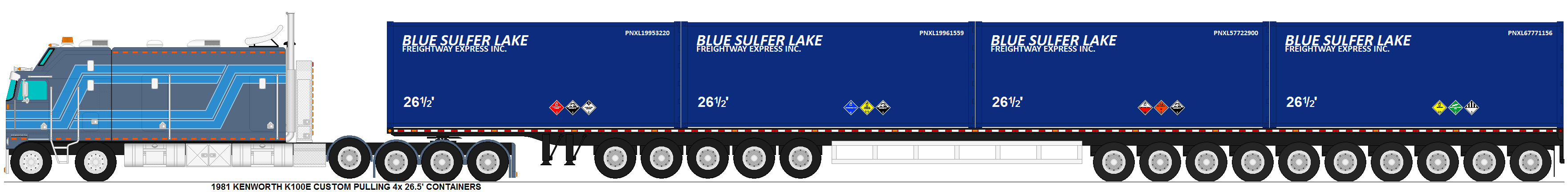 Kenworth K100E pulling 4x 26.5' containers