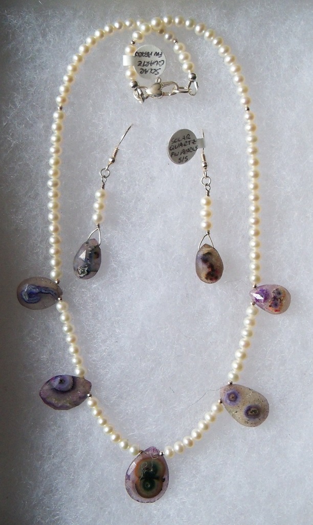 Peacock solar quartz necklace, earrings