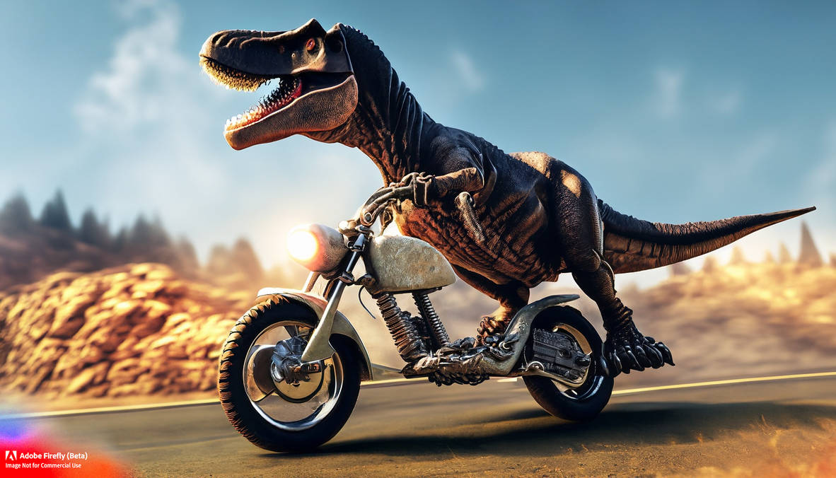 T-Rex riding motorcycle by Adobe Firefly by Mitzi-prod on DeviantArt