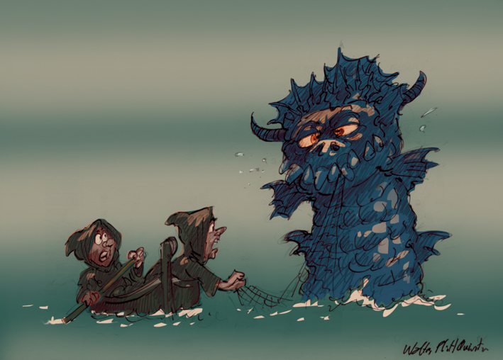 Medieval Sea Monster And Monks