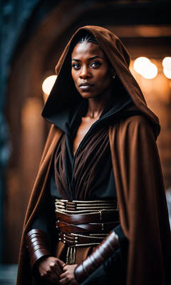 Female black Jedi with cornrow braids