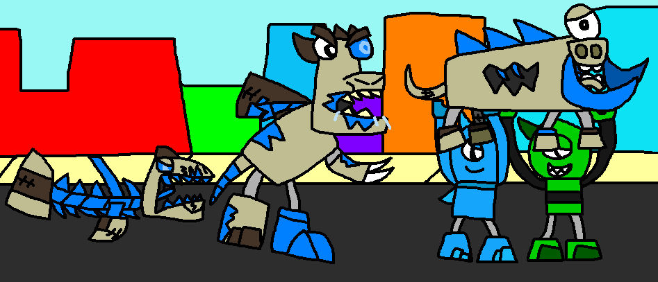 Mixels: Dainomixo and Megaloshark chasing Mixels by Luqmandeviantart2000