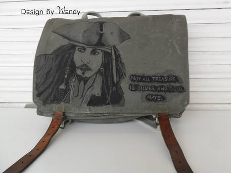 Captain Jack Sparrow portrait on a vintage bag