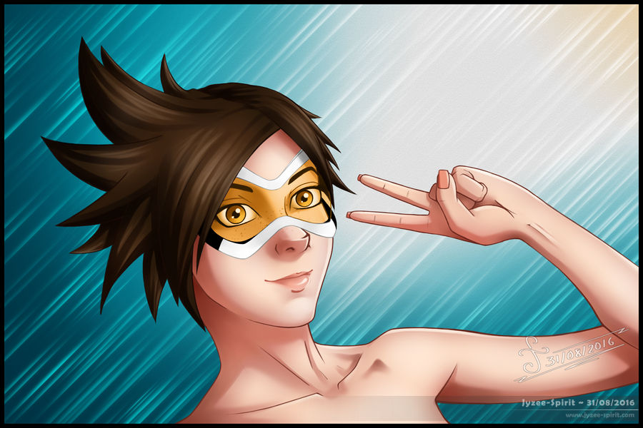 tracer overwatch portrait dnd, painting by gaston