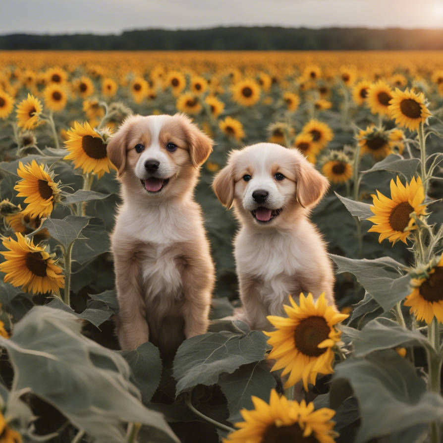 Puppies in a field of sunflowers