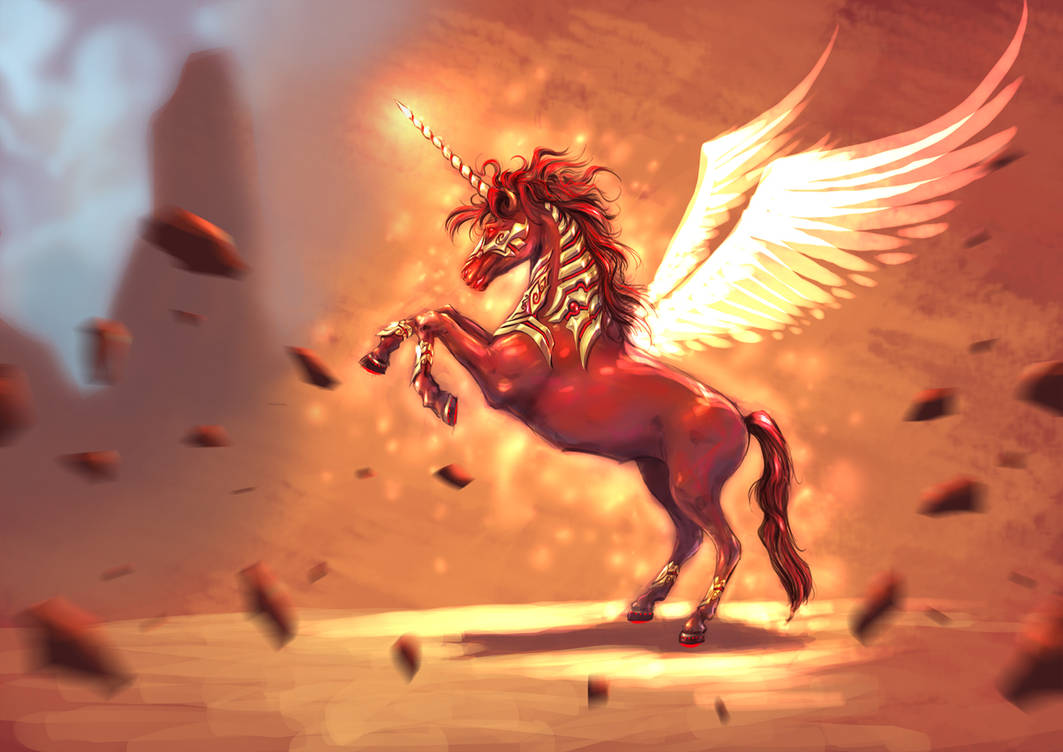 Красный единорог. Огненный конь. Лошадь с крыльями. Конь с огненной гривой. Единорог с крыльями.