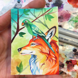 Fox and Parrot Art Card