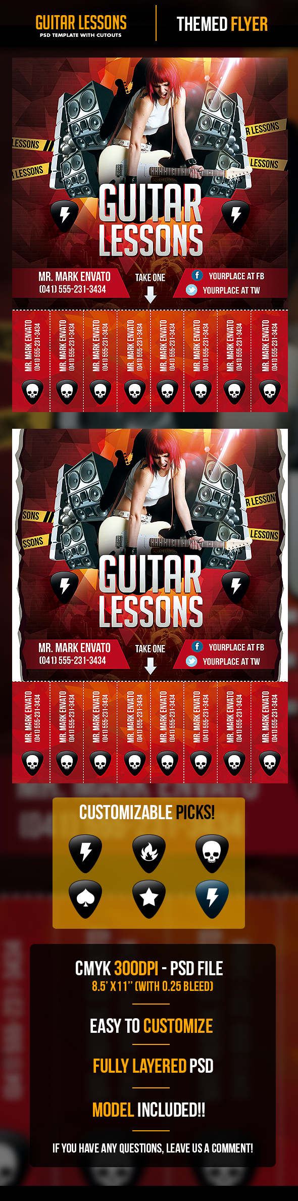 Guitar Lessons Flyer Template with Cutouts