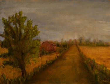 Red barn and orange fields