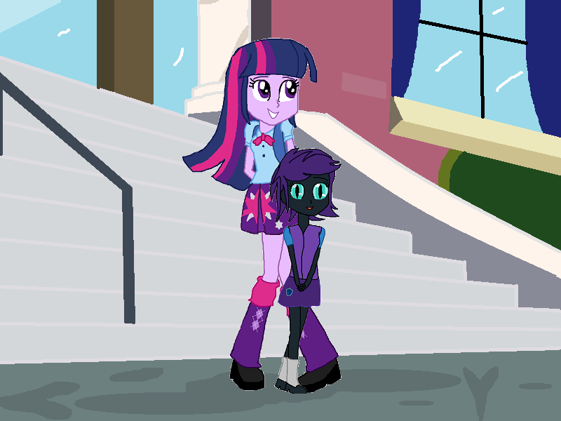 Twilight Sparkle and Nyx outside Canterlot High