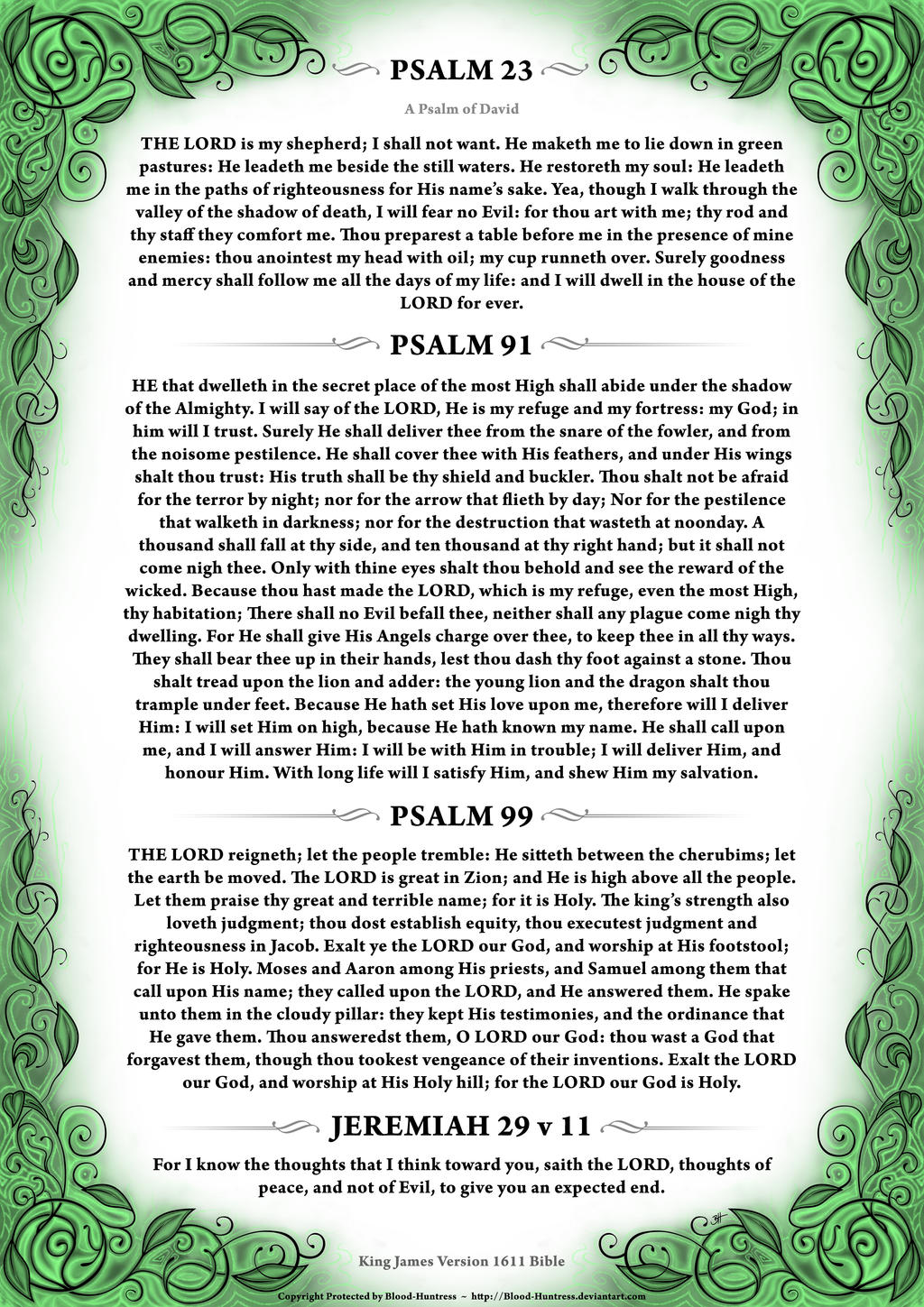 Psalm 23, 91, 99 + Jeremiah 29 v 11 Green Version