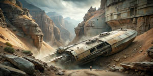 A spaceship wreck lies in canyon