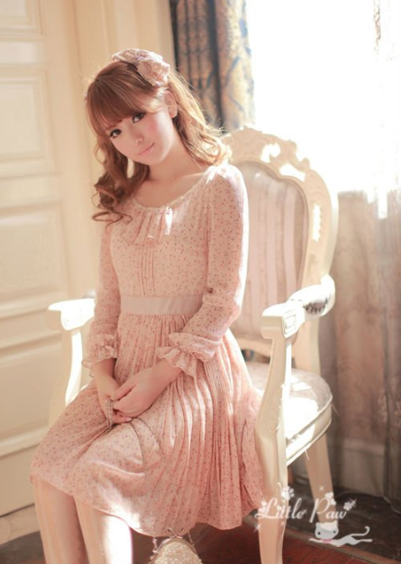 Long-Sleeve Floral Chiffon Dress-H23016C