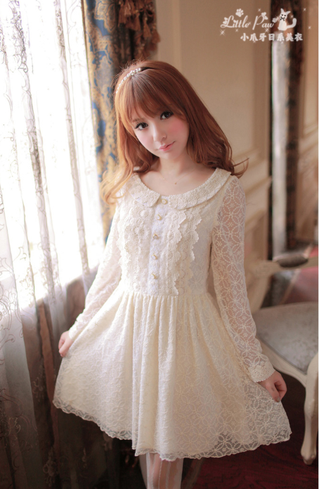 Long-Sleeve Button-Front Lace Dress-L2038C