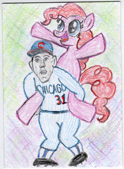 Greg Maddux giving Pinkie Pie a piggyback ride