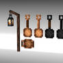 Lantern on a stick, pans and a pot
