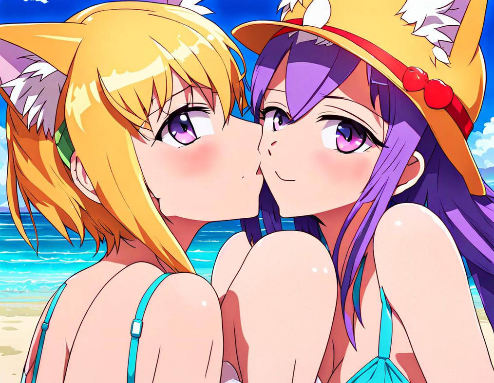 Lesbian neko girl s in bikini kissing