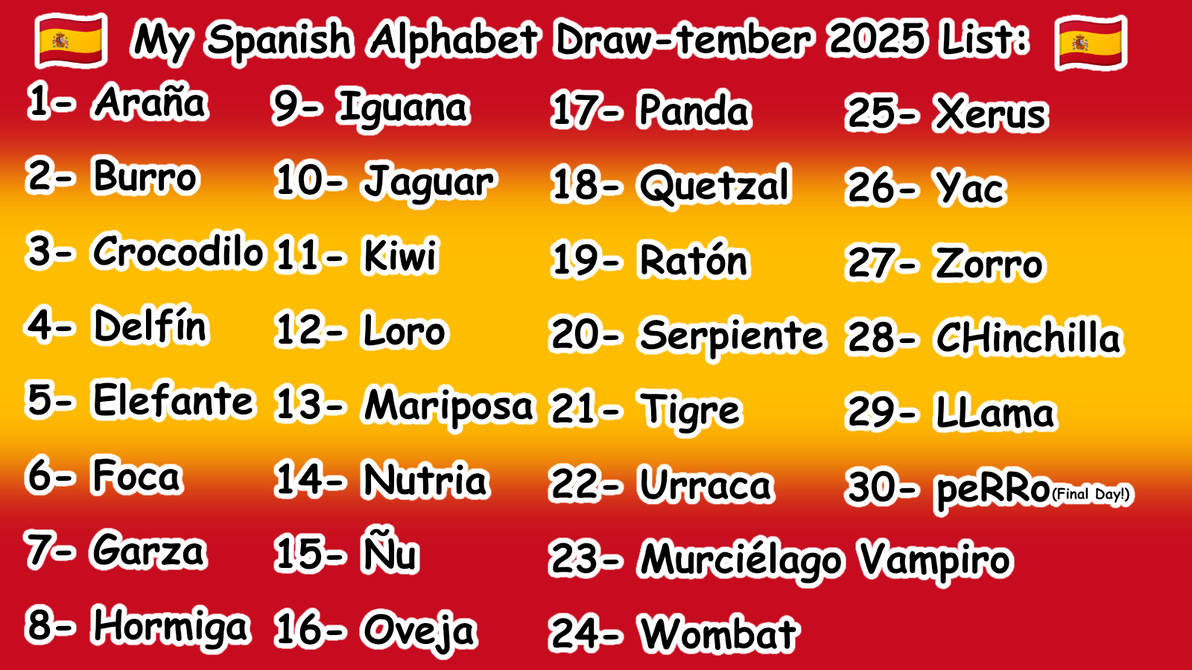 My Spanish Alphabet Draw-tember 2025 List by DomariaOffical on DeviantArt
