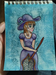 Watercolor and colored pencil witch