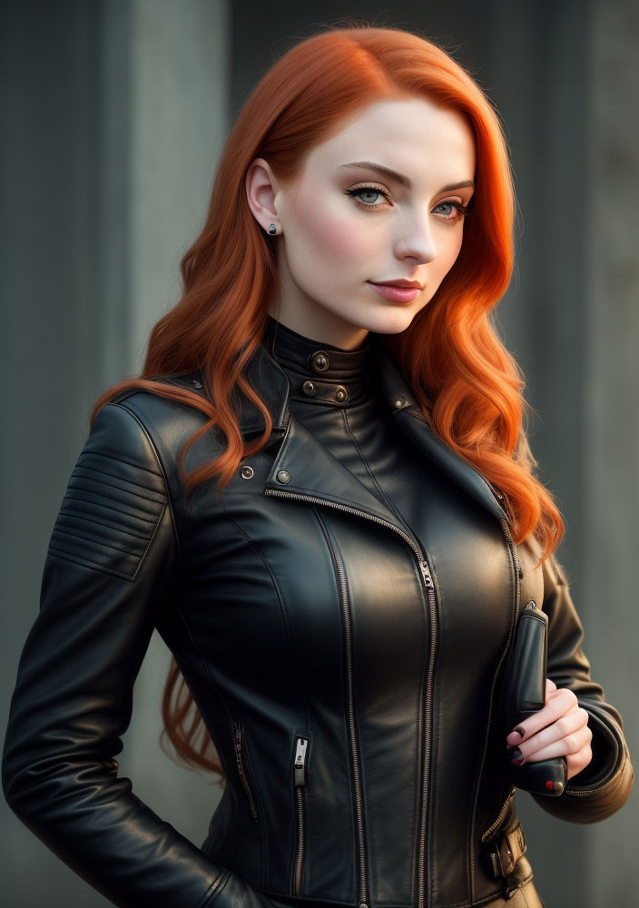 Red-haired woman in a leather jacket by goddessarts on DeviantArt