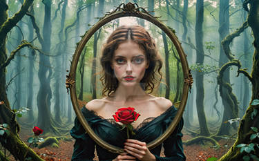 Woman in forest red rose