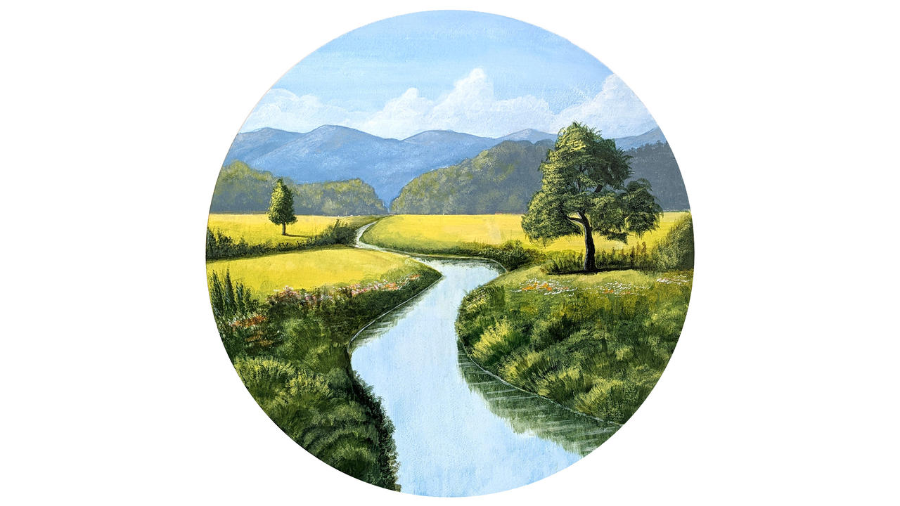 First Landscape Acrylic Painting on a round canvas by AnmolArt on DeviantArt