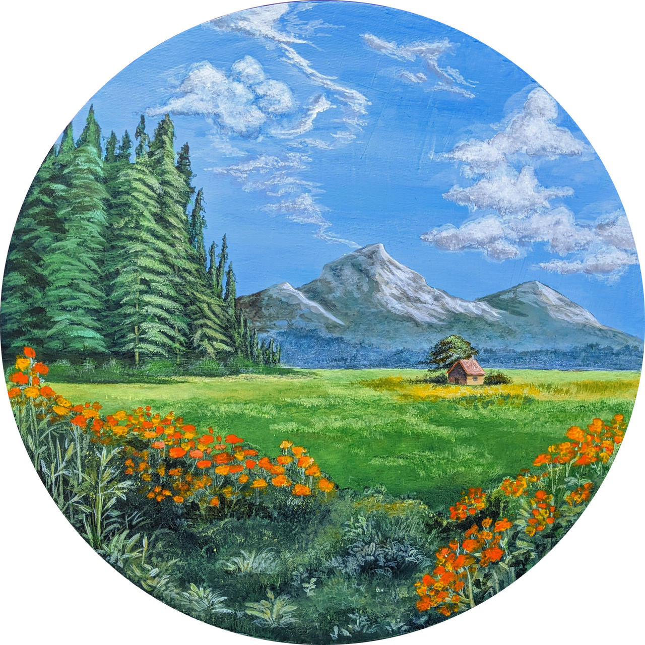 First Landscape Acrylic Painting on a round canvas by AnmolArt on DeviantArt