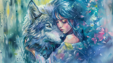 Woman Embracing Wolf