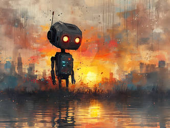 Robot Walking Thoughtful In Sunset