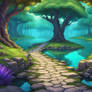 Ancient Fantastical tree lined Stone path leading 