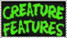 A stamp that says “creature features” in a goosebumps esc font
