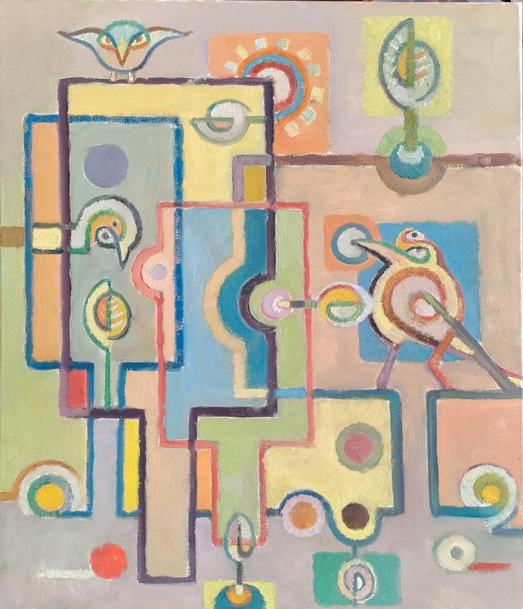 3 birds in apple orchard, 70x60cm, oil