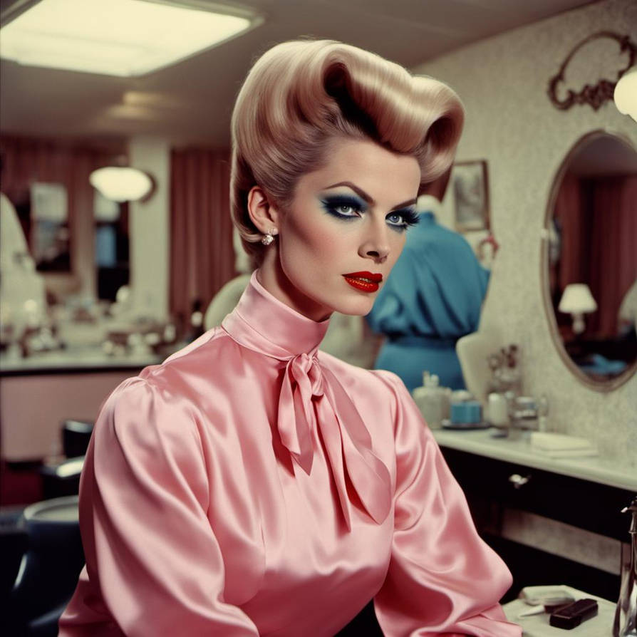 Sissy boy with bouffant hair, red lips, Heavy make