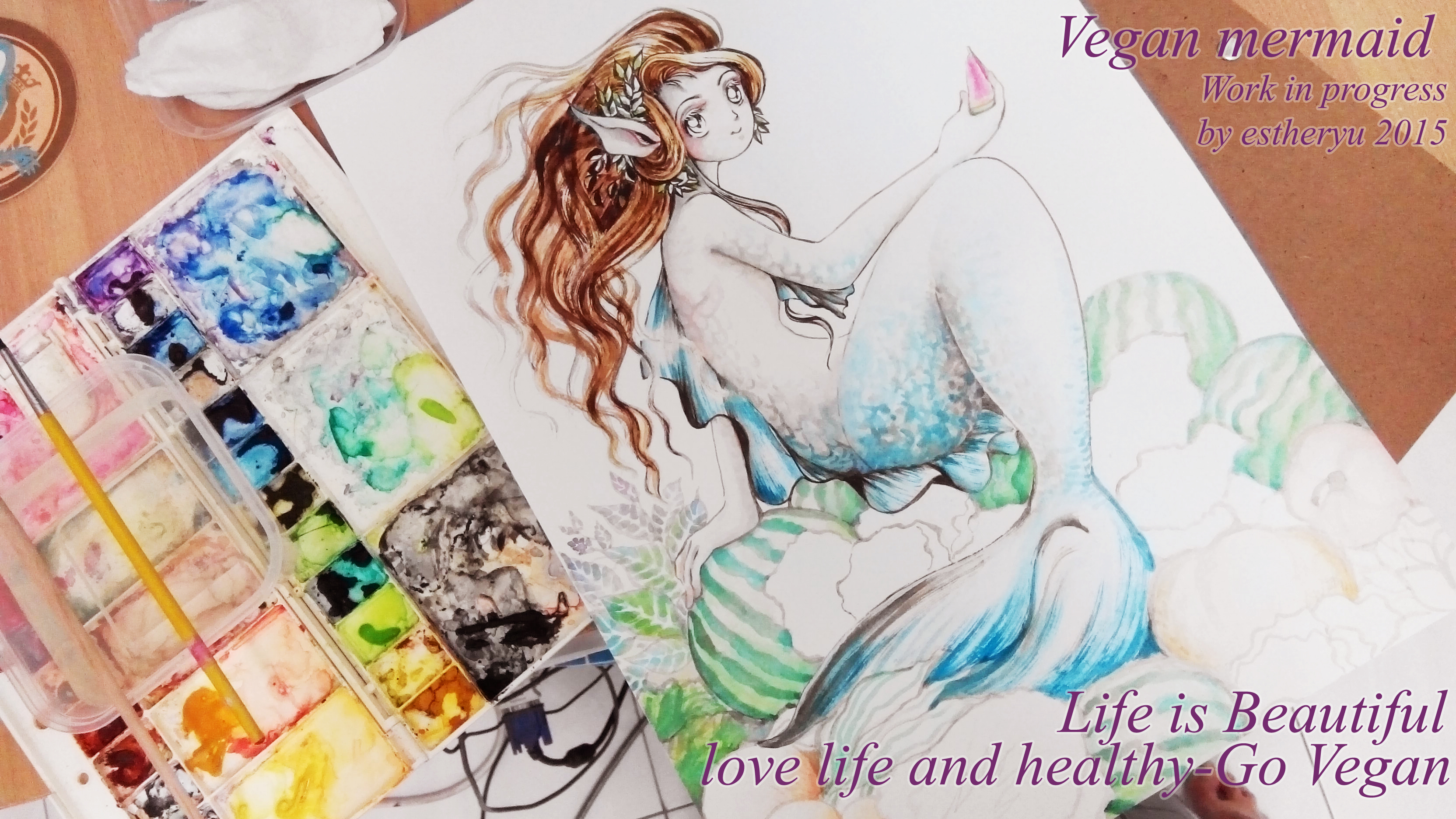 vegan mermaid in water color