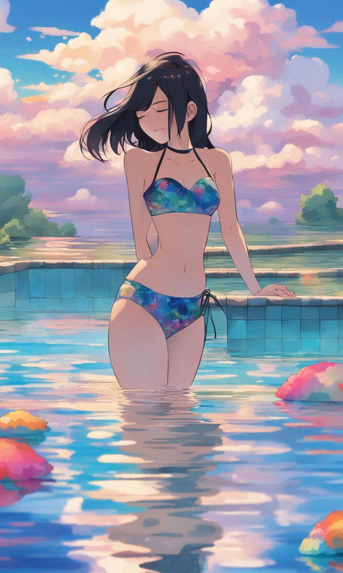 A Girl In Bikini Is In A Pool With Clouds Around H