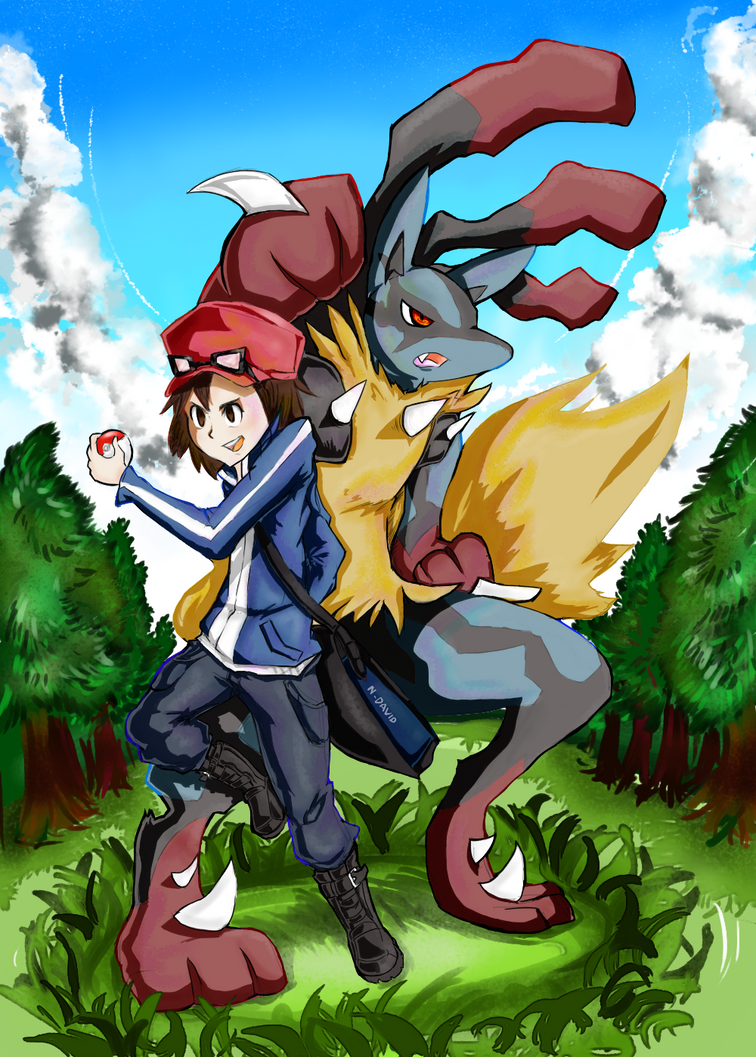 lucario and mega lucario (pokemon) drawn by gou_(user_wmrx5448)