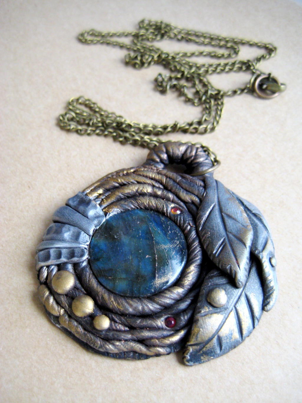 Labradorite Amulet, Gold and Silver Leaves