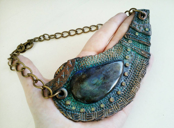 Steampunk Mermaid Statement Necklace, Polymer Clay