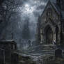 Raven sitting on chapel steps