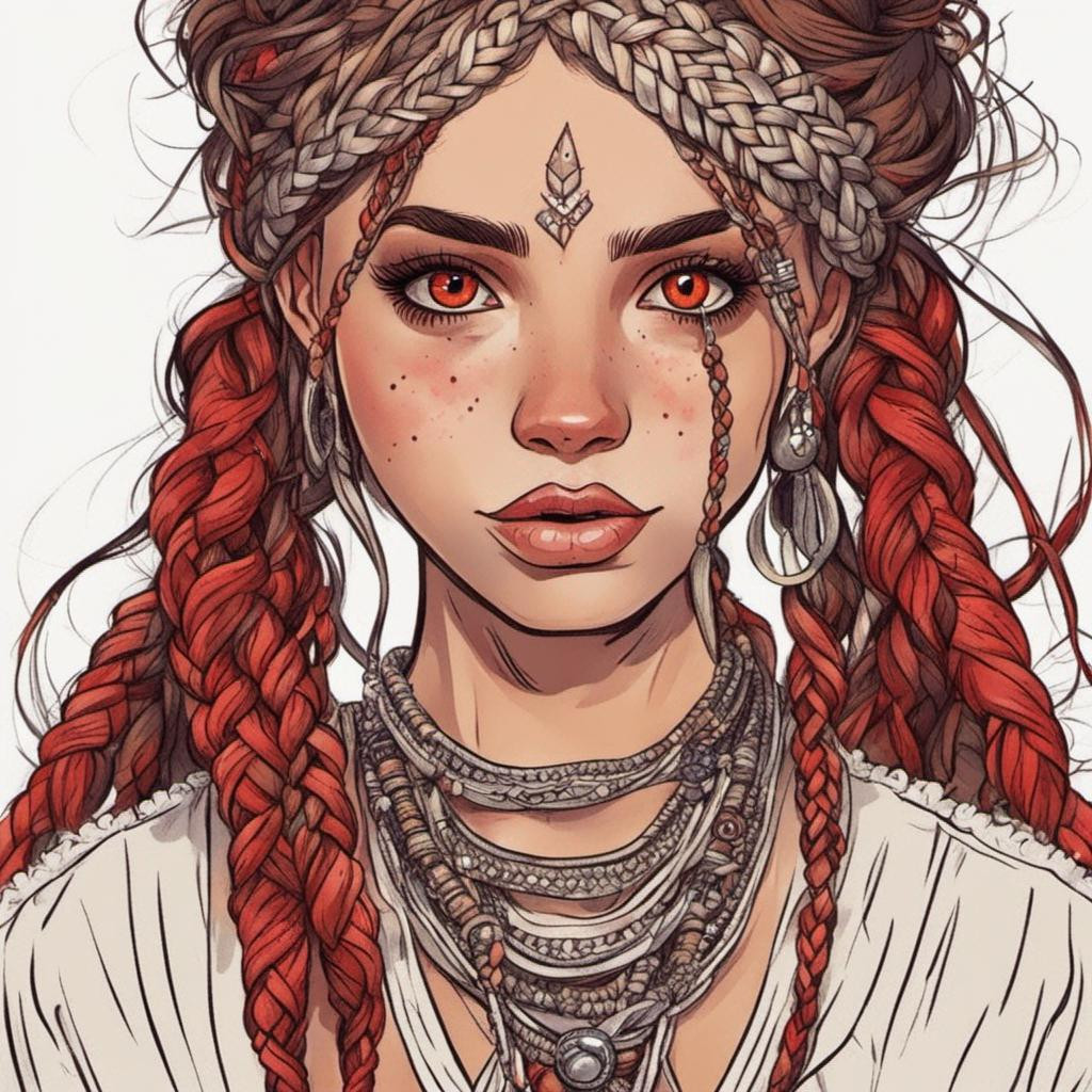 Crtoon Girl With Boho Gypsy Braids And Red Eye