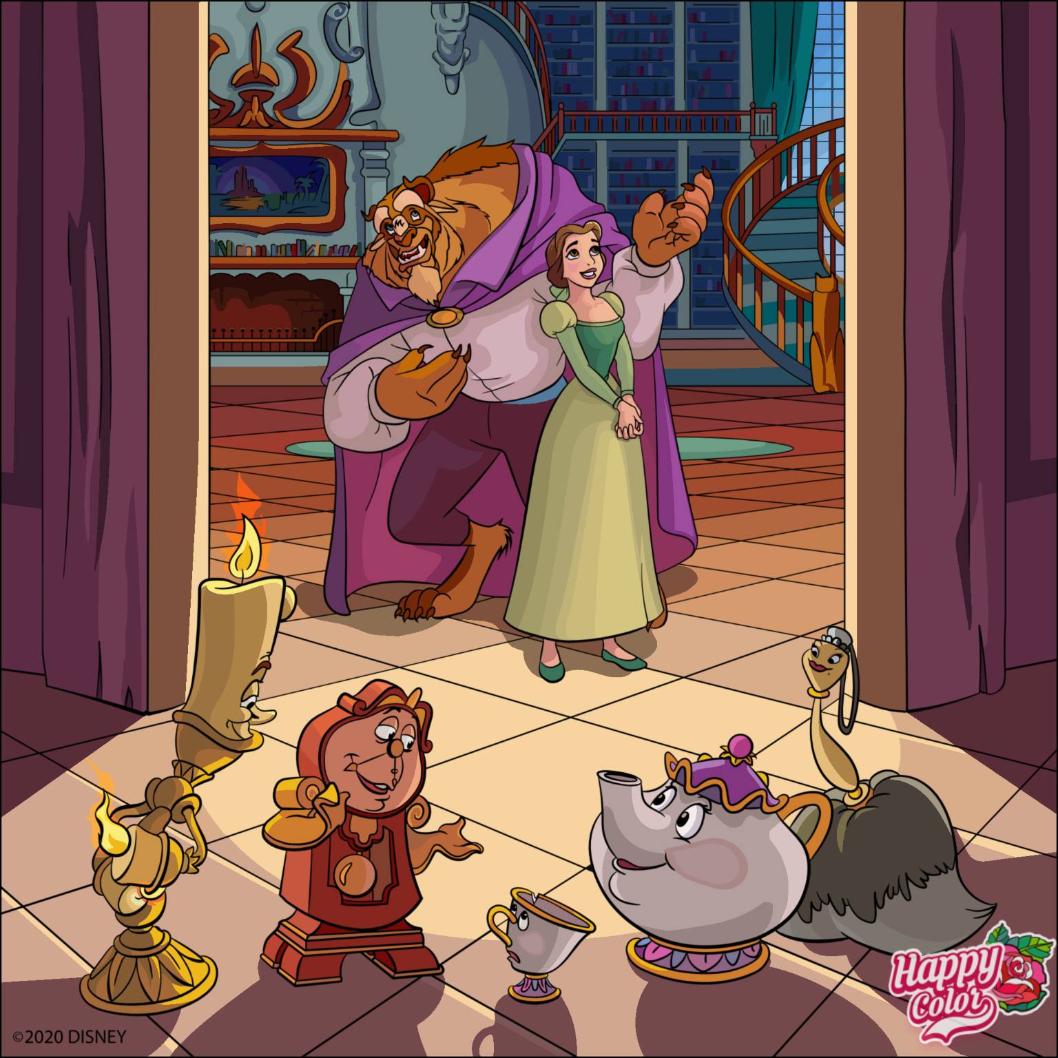 Beauty And The Beast - Belle talking with Mrs. Potts, Chip and Lumiere  coloring page