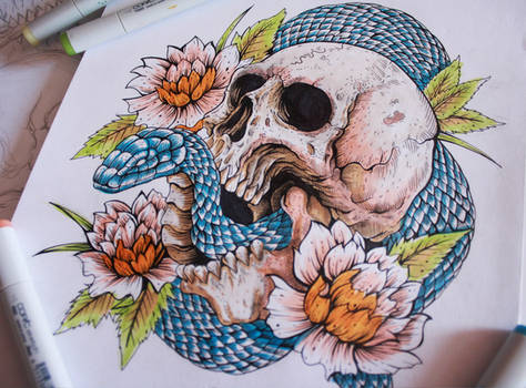 Colored Skull and snake tattoo,