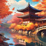 Temple along a river in autumn