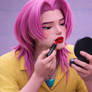Romance saja putting on lipstick