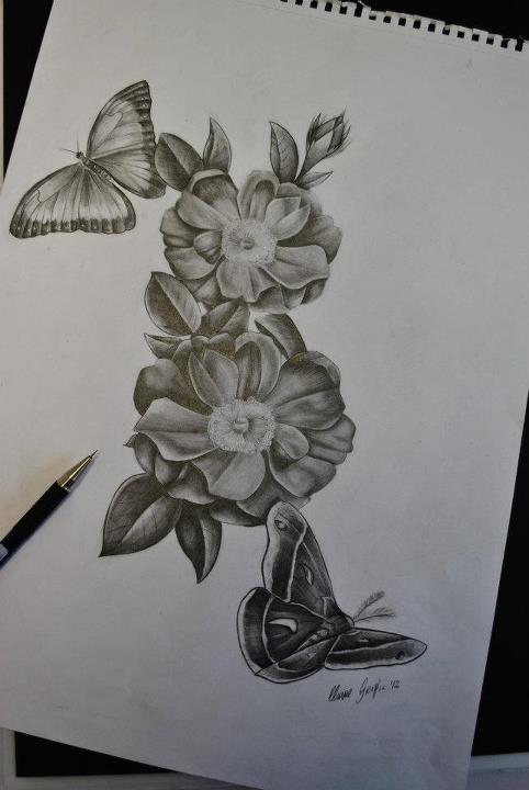 Flowers butterfly and moth sketch for a tattoo