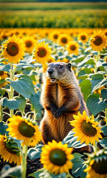 Groundhog in field of sunflowers 