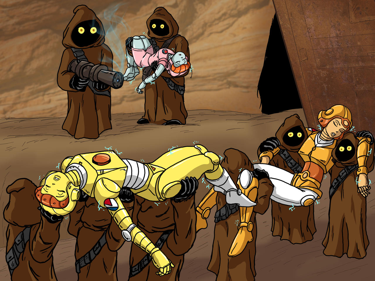 Jawas capture Bo, Boo, and Oh-No from Mighty Orbot