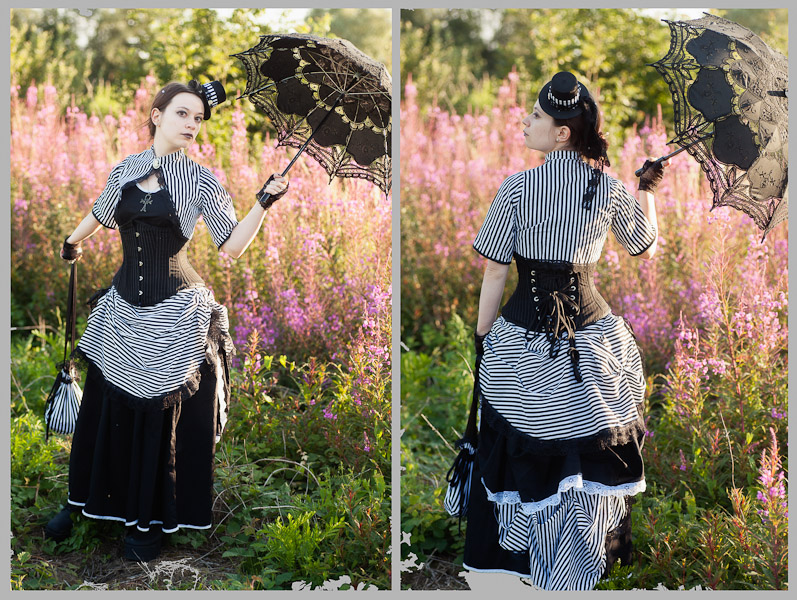 Black and striped bustle dress